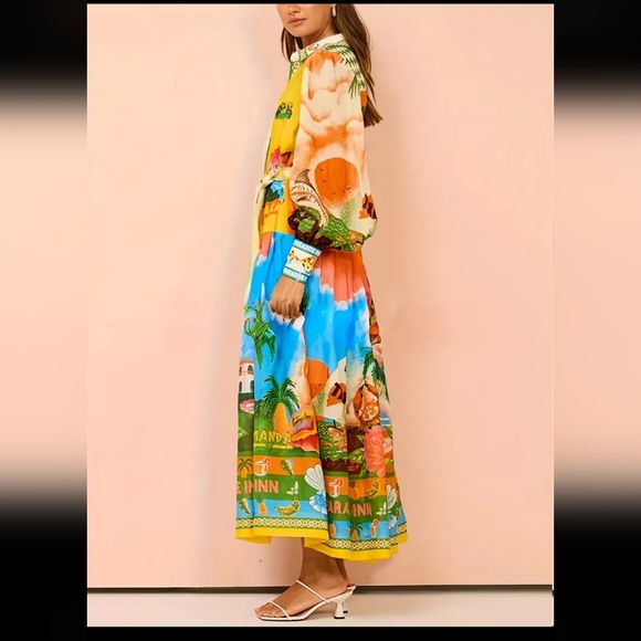 Green and Yellow Long Sleeve Resort Sundress - Picture 5 of 6